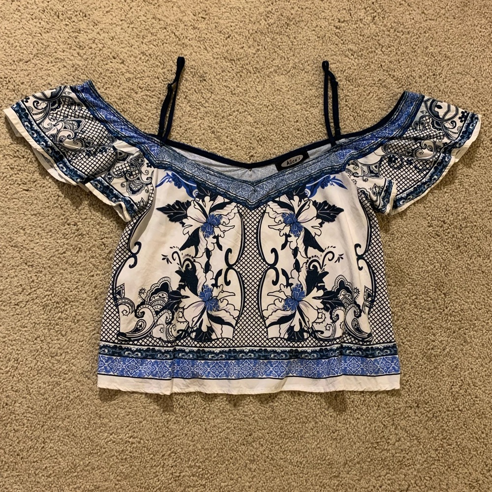 Blue and white cold shoulder top
